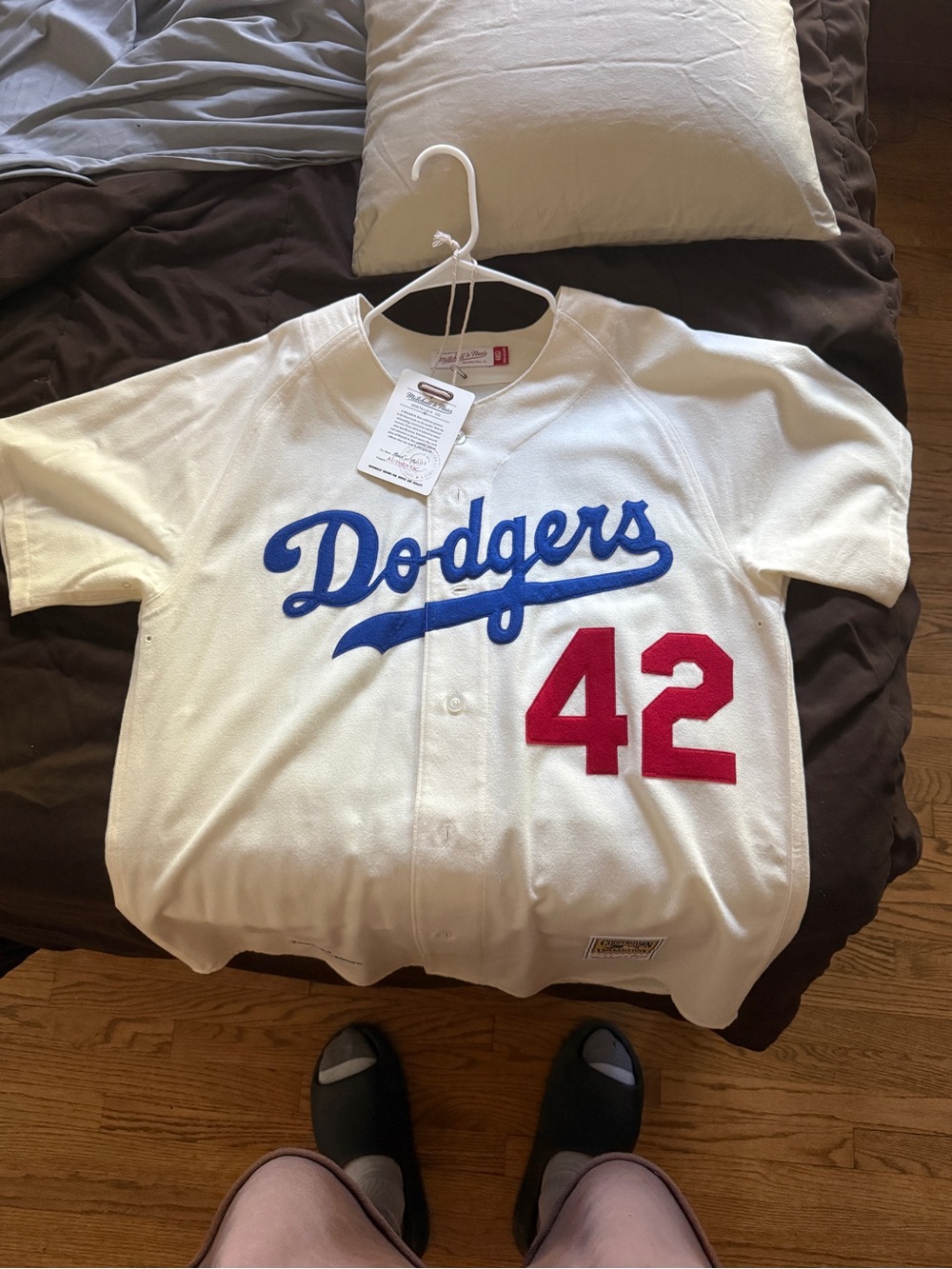 Mitchell & Ness White Dodgers Kids Jersey with Blue Script and Red 42